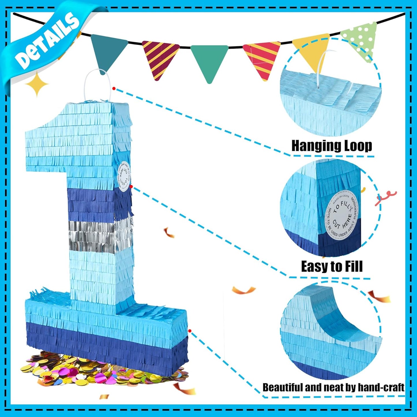 PCFING 20 Inch Number 3 Piñata Blue Silver with 30 Inch Piñata Stick Blindfold Confetti for Boys Girls Adults Birthday Party Decorations, Anniversary Celebration, Fiesta