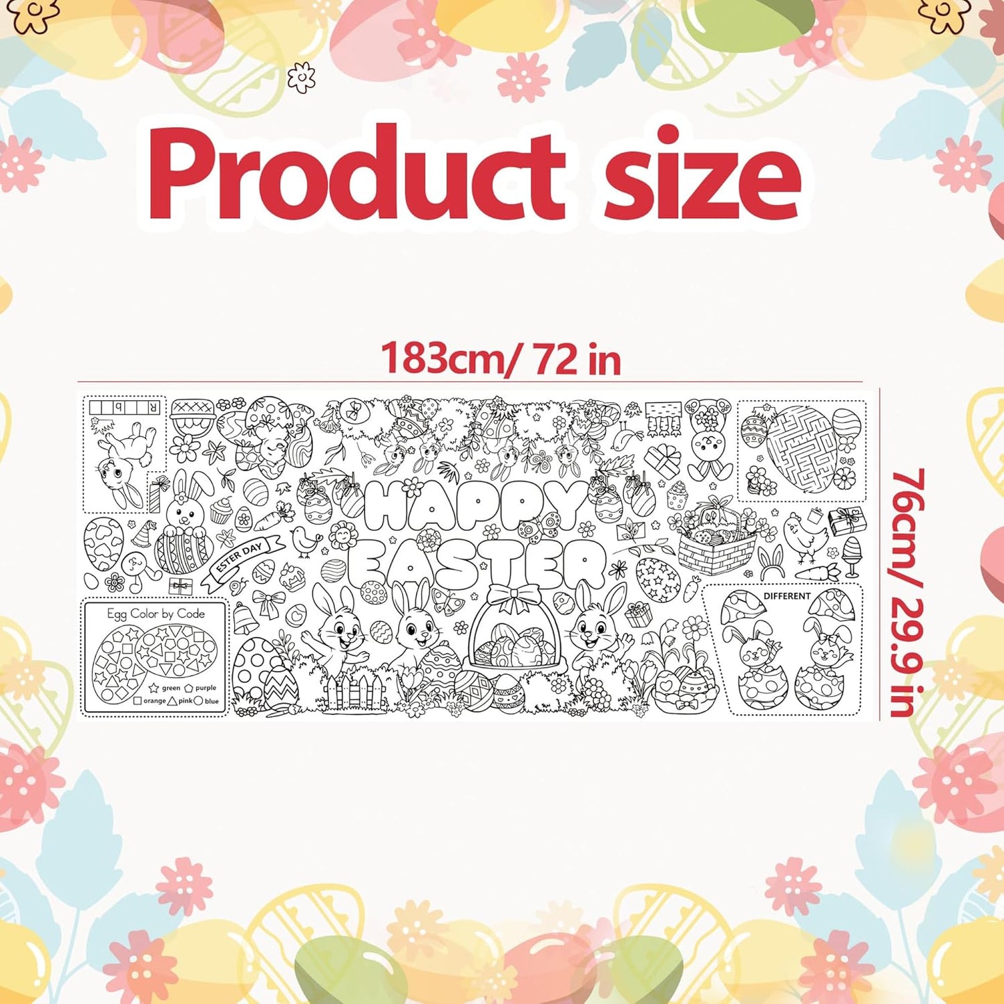 Easter Coloring Poster for Kids 30x72 Inch Bunny Giant Coloring Tablecloth Happy Easter Crafts Paper Table Cover for Gifts Activities Games Classroom Wall School Home Parties
