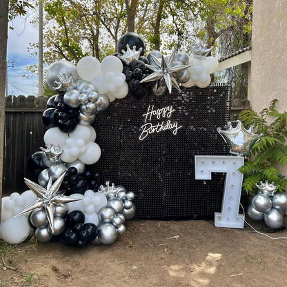 153Pcs Black and Silver White Balloon Garland Arch Kit with Stars, 22 18 12 10 5 inch Disco Ball Balloons Black White Metallic Silver Confetti Balloon for Birthday Graduation Party Decorations