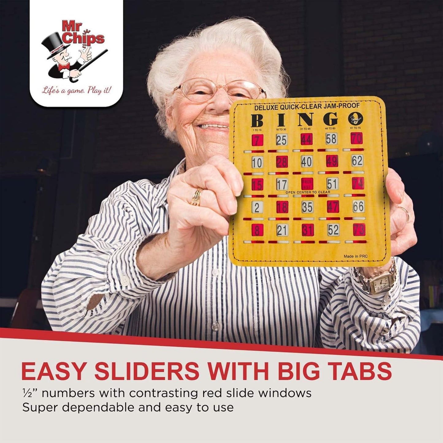 MR CHIPS Jam-Proof Bingo Cards with Sliding Windows, 25 Reusable Shutter Cards, 75 Calling Cards 1 Master Board in Tan Woodgrain Style