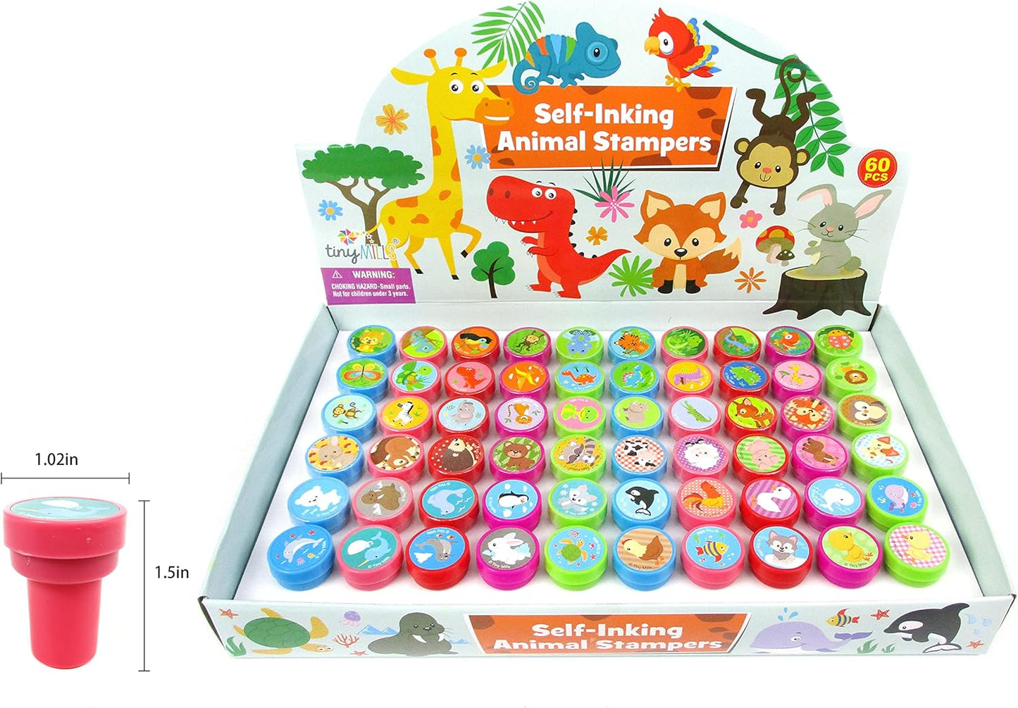 TINYMILLS 60 Pcs Animals Assorted Stampers for Kids with 60 Different Designs Party Favor Goodie Bag Prizes Classroom Rewards Pinata Filler Arts and Crafts for Kids