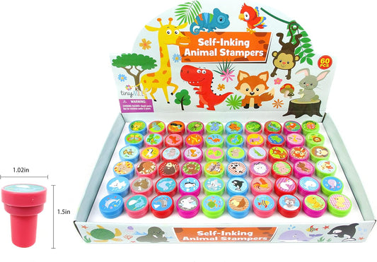 TINYMILLS 60 Pcs Animals Assorted Stampers for Kids with 60 Different Designs Party Favor Goodie Bag Prizes Classroom Rewards Pinata Filler Arts and Crafts for Kids