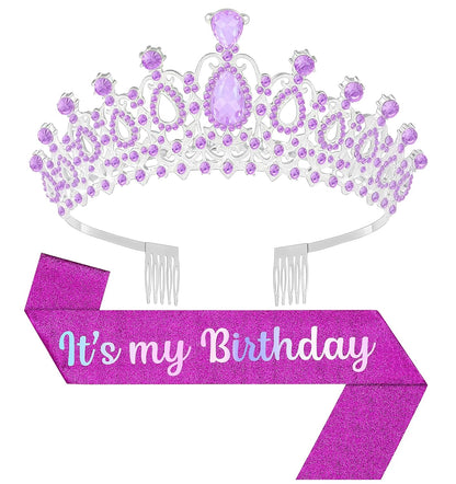 Birthday Tiara and Crown with Sash, Birthday Tiara for Women Party Silver