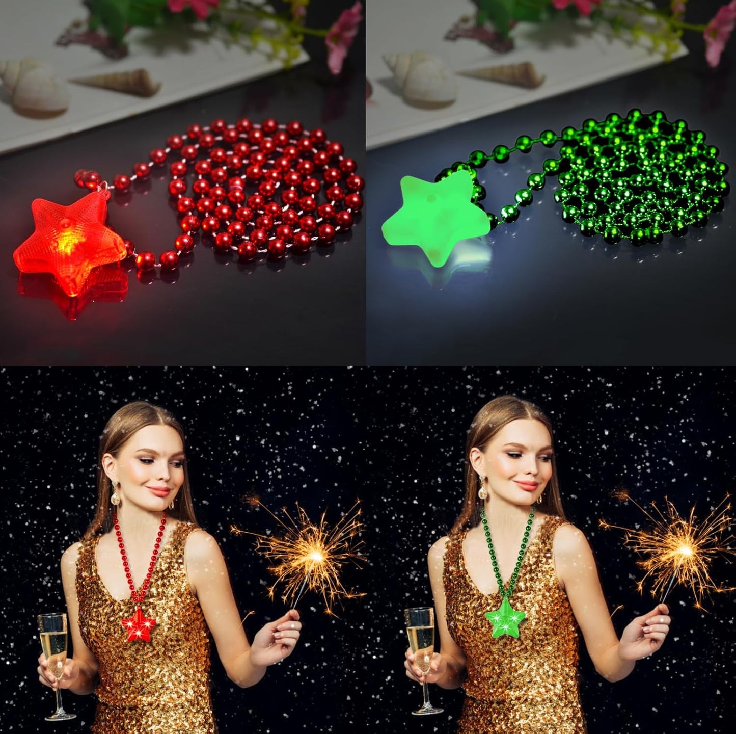 6 Pack Clear LED Glow Star Necklace Bulk Beaded Necklaces for Halloween Christmas Decorations Mardi Gras Party Favors