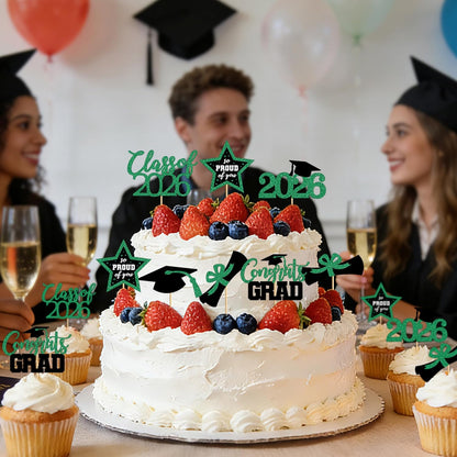 48 PCS Graduation Cupcake Toppers, Glittery 6 Styles Congrats Grad Cake Topper, Black and Red Graduation Decorations 2026, Cap and Diploma Cake Picks for Grad Party Supplies