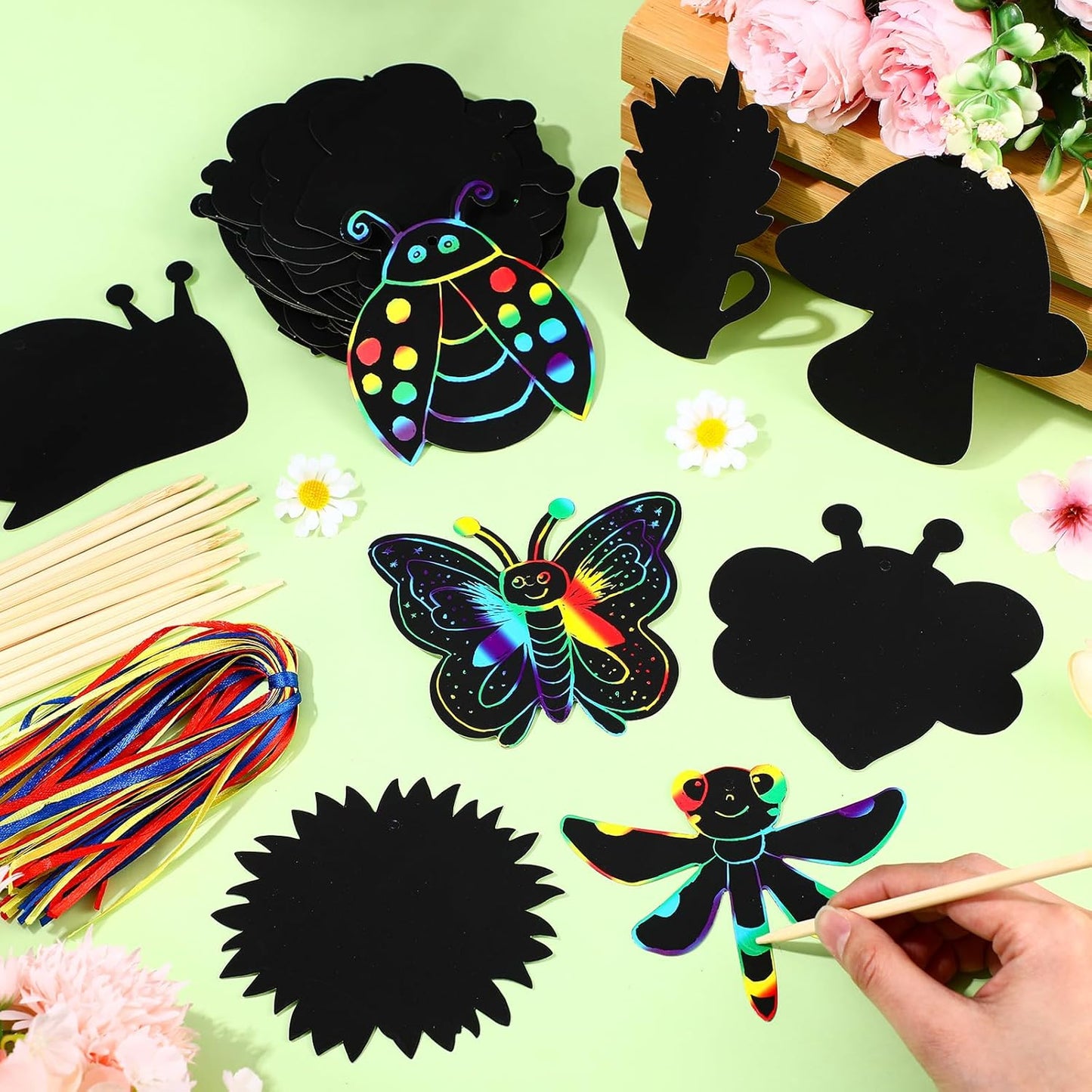 HyDren 80 Pcs Spring Scratch Cards Rainbow Flower Butterfly Scratch Paper Tea Party Theme Flower Crafts with Bamboo Stylus and Ribbon for Adult Home DIY Craft(Classic Style)