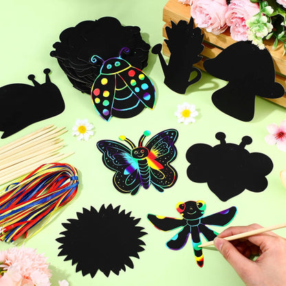 HyDren 80 Pcs Spring Scratch Cards Rainbow Flower Butterfly Scratch Paper Tea Party Theme Flower Crafts with Bamboo Stylus and Ribbon for Adult Home DIY Craft(Classic Style)
