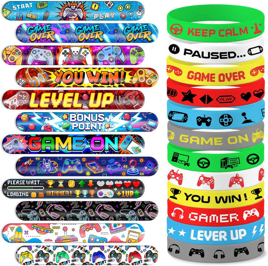 48PCS Video Game Themed Party Set | 24PCS Slap Bracelets & 24PCS Rubber Bracelets Gamer Silicone Wristbands Birthday Party Supplies Decorations Gifts Carnival Prizes