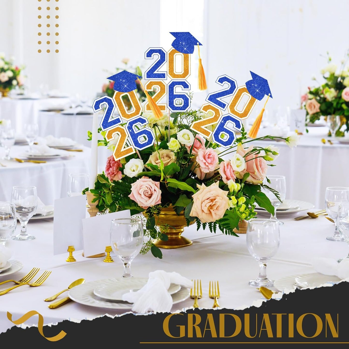 10 Pcs Graduation Table Centerpieces Sticks with Tassels, class of 2026 Grad Cap Picks Table Decoration Cupcake Toppers for Party Centerpiece Decoration Supplies(Blue and Gold)