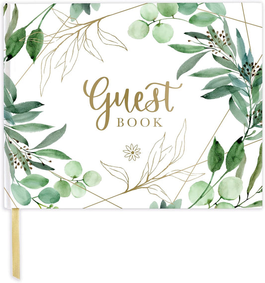 bloom daily planners Wedding Guest Book (120 Pages) Guest Sign-in Book Guest Registry Guestbook - White Cover with Gold Foil, Gilded Edges and Gold Page Marker Hardbound 7" x 9" (Eucalyptus)