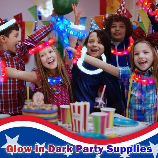 Fourth of July Glow Sticks Accessories for Kids 9 PCS, Red White Blue Light Up Pop Tubes Bracelets Necklaces Toys,4th of July Parade Throws Favors,250th Patriotic Party Supplies for Memorial Day Decor