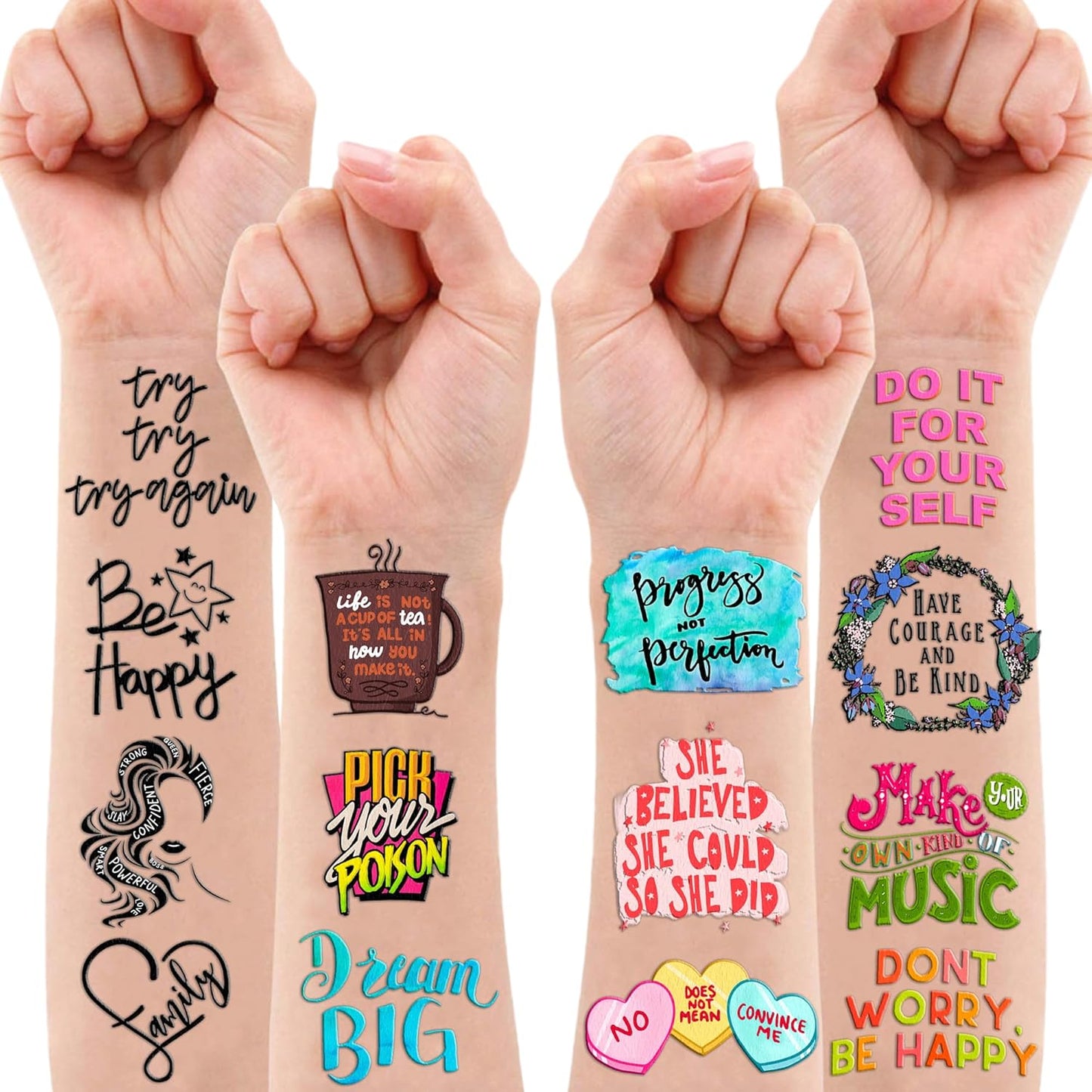 96 PCS Motivational Temporary Tattoos for Kids - Pre-Cut Positive Affirmation Quotes, Inspirational Fake Tattoos for Boys Girls, Birthday Party Favors & School Rewards