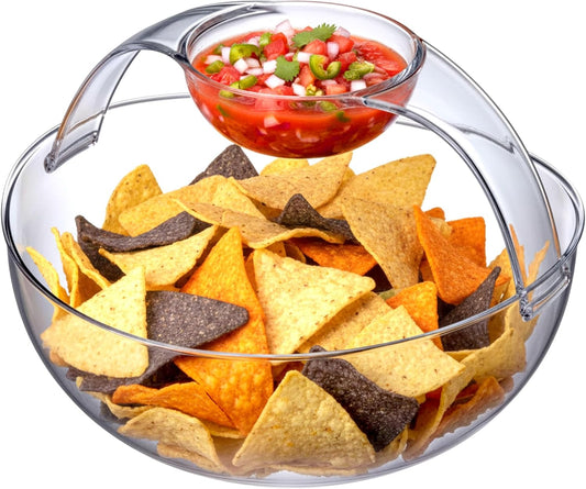 Amazing Abby - Charlotte - 2-Pack Plastic Chip and Dip Bowl, Clear Serving Platter, Unbreakable Party Appetizer Tray, BPA-Free, Dishwasher-Safe, Great for Chips, Salsa, Veggies, Snacks, and More