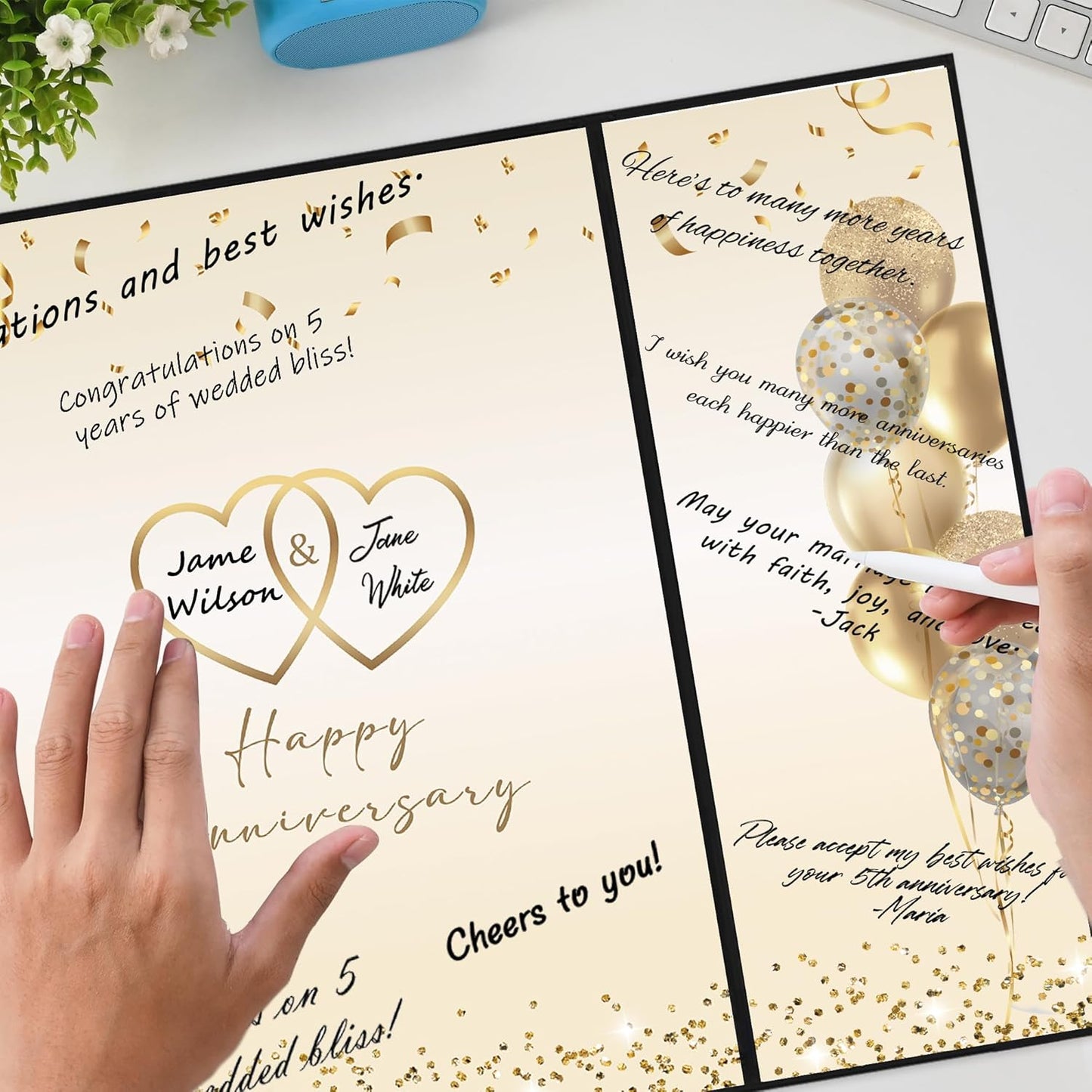 DARUNAXY Black Gold Happy Anniversary Party Decorations, Happy Anniversary Alternative Signature Guest Book Wedding 1st 10th 40th 50th Anniversary Signing Card Board Party Supplies