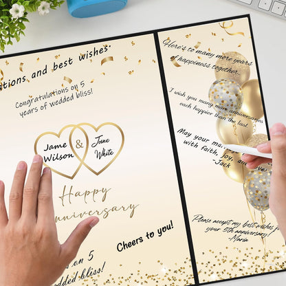 DARUNAXY Black Gold Happy Anniversary Party Decorations, Happy Anniversary Alternative Signature Guest Book Wedding 1st 10th 40th 50th Anniversary Signing Card Board Party Supplies