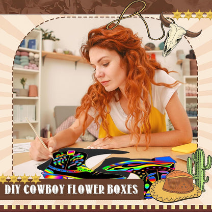 Dunzoom 8 Set DIY Western Cowboy Boots Flower Boxes Crafts Western Cowgirl Centerpiece for Table Cowboy Boot Scratch Art Kit Cowgirl Flower Boxes to Paint Wedding Birthday Party Supplies(Brown)