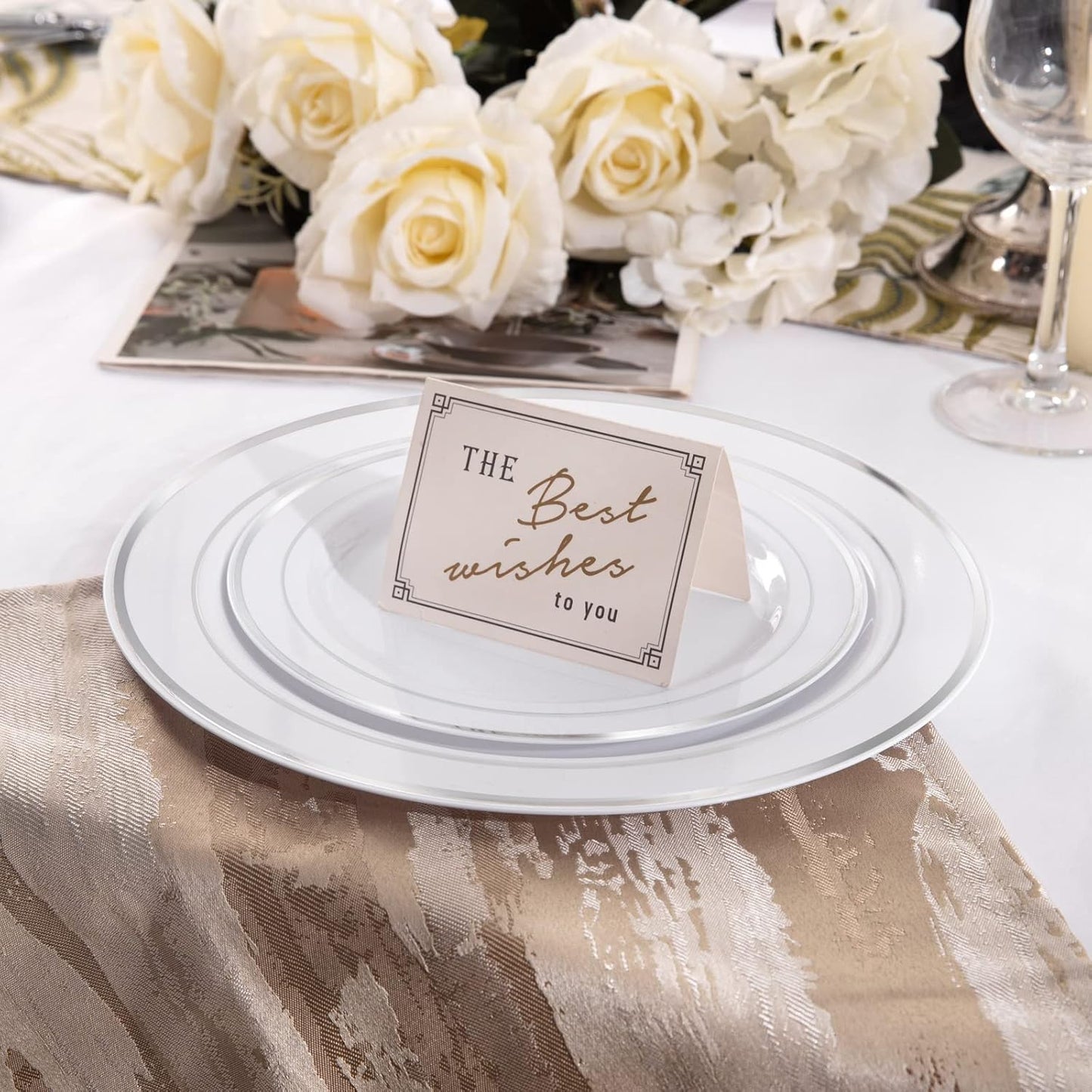 I00000 102 Pieces Gold Plastic Plates, Disposable Party Plates White Gold Rim, 51 Disposable Gold Dinner Plates 10.25 Inch and 51 Disposable Dessert Appetizer Elegant Fancy Wedding Plates 7.5 Inch