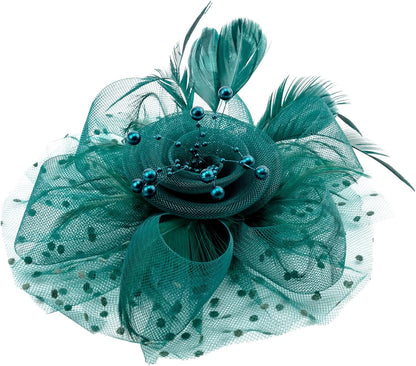 DRESHOW Fascinators Hat Flower Mesh Ribbons Feathers on a Headband and a Clip Tea Party Headwear for Girls and Women - Colors A