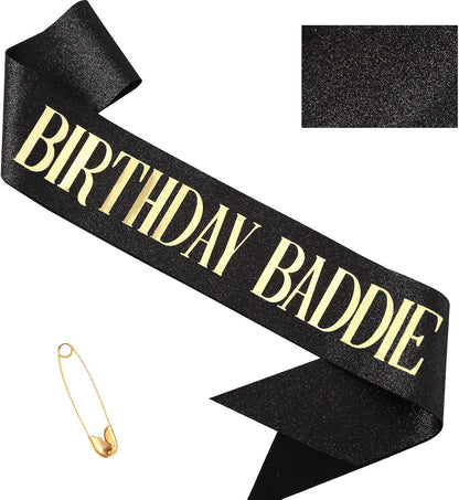 Birthday Baddie Sash, Black Glitter Birthday Sash for Women Men Girls, Gold Foil Funny BirthdaySash Decorations Party Favors Accessories Supplies (Gold)