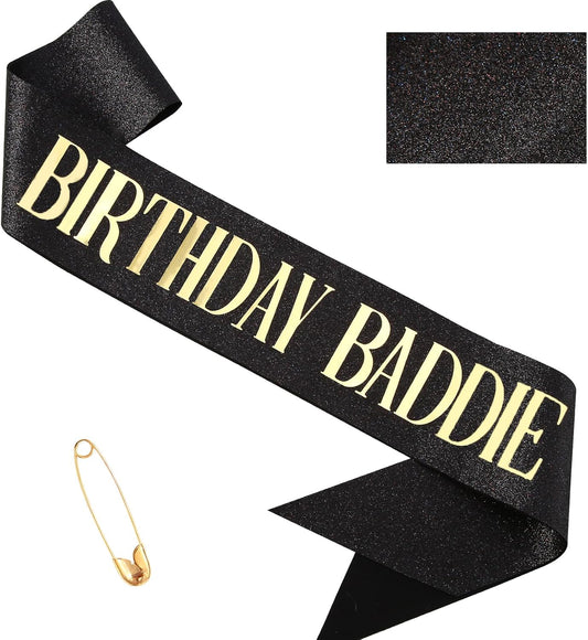 Birthday Baddie Sash, Black Glitter Birthday Sash for Women Men Girls, Gold Foil Funny BirthdaySash Decorations Party Favors Accessories Supplies (Gold)
