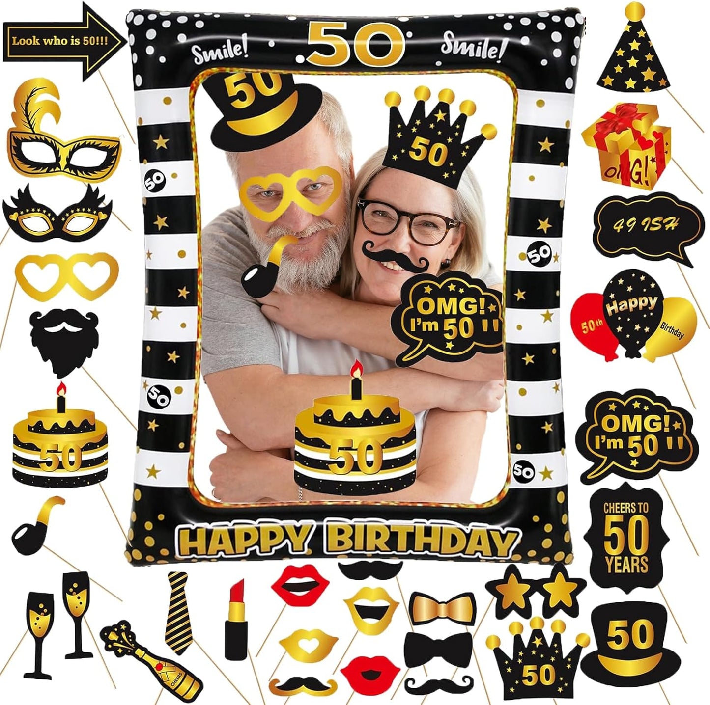 Hawaiian Party Photo Booth Props Kit, 30 PCS Luau Photo Booth Props with Large Inflatable Selfie Picture Frame for Hawaiian Tropical Tiki Summer Pool Party Supplies
