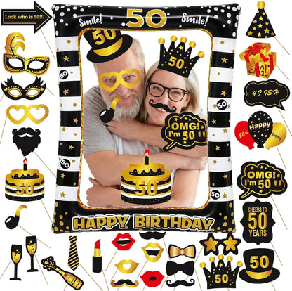 Hawaiian Party Photo Booth Props Kit, 30 PCS Luau Photo Booth Props with Large Inflatable Selfie Picture Frame for Hawaiian Tropical Tiki Summer Pool Party Supplies
