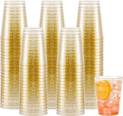 supernal 100pcs Gold Plastic Cups 12 oz, Glitter Clear Disposable Cups Heavy Duty, Fancy Plastic Cocktail Tumblers for Wedding, Parties Champagne & Mixed Drinks
