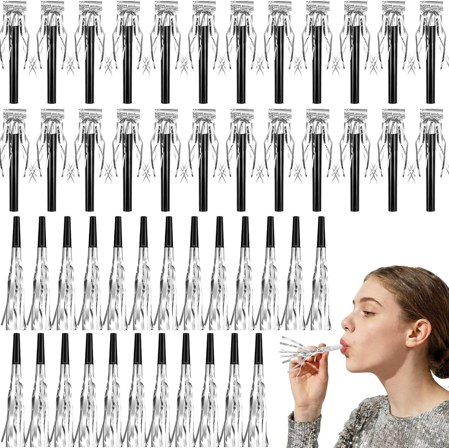 Skylety 48 Pcs Noise Makers Glitter Noise Makers Metallic Fringed Party Blowers Noisemakers Horns for Adults Birthday Graduation Sporting Events 2026 New Years Party Favor Supplies (Gold)
