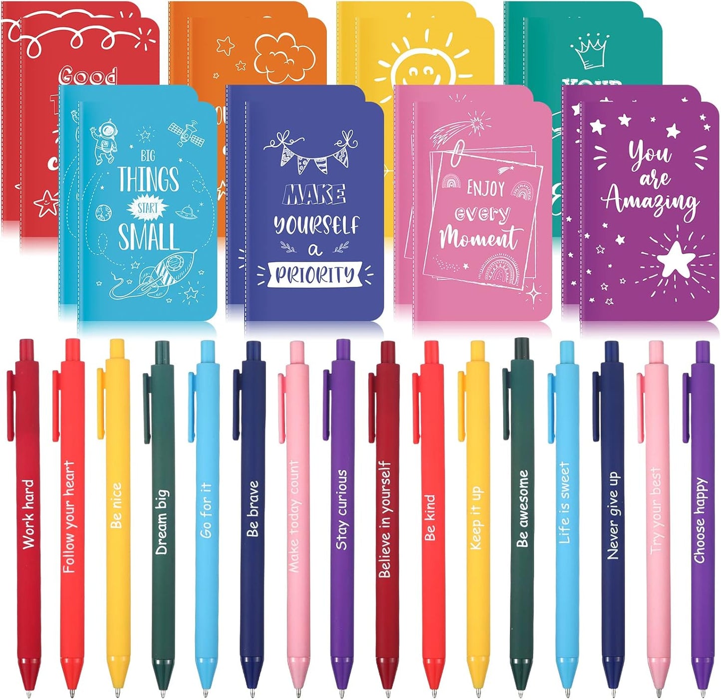 Funrous 32 Pcs Motivational Quote Pens Inspirational Notepads Mini Journal with Ballpoint Pen Small Notebooks Gift for Men Women Coworker Adult Party Favors Prize Teacher Student Office(Stylish)