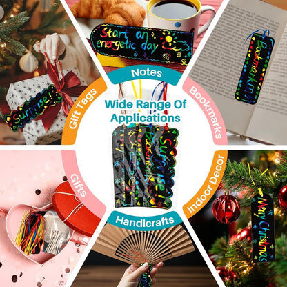MAQIHAN Scratch Art Bookmarks - 36 Sets 4 Style Making Kit Paper with Scratching Tools Satin Ribbons Create Rainbow Without Ink Christmas Ornaments Hanging DIY Party Favors for Classroom