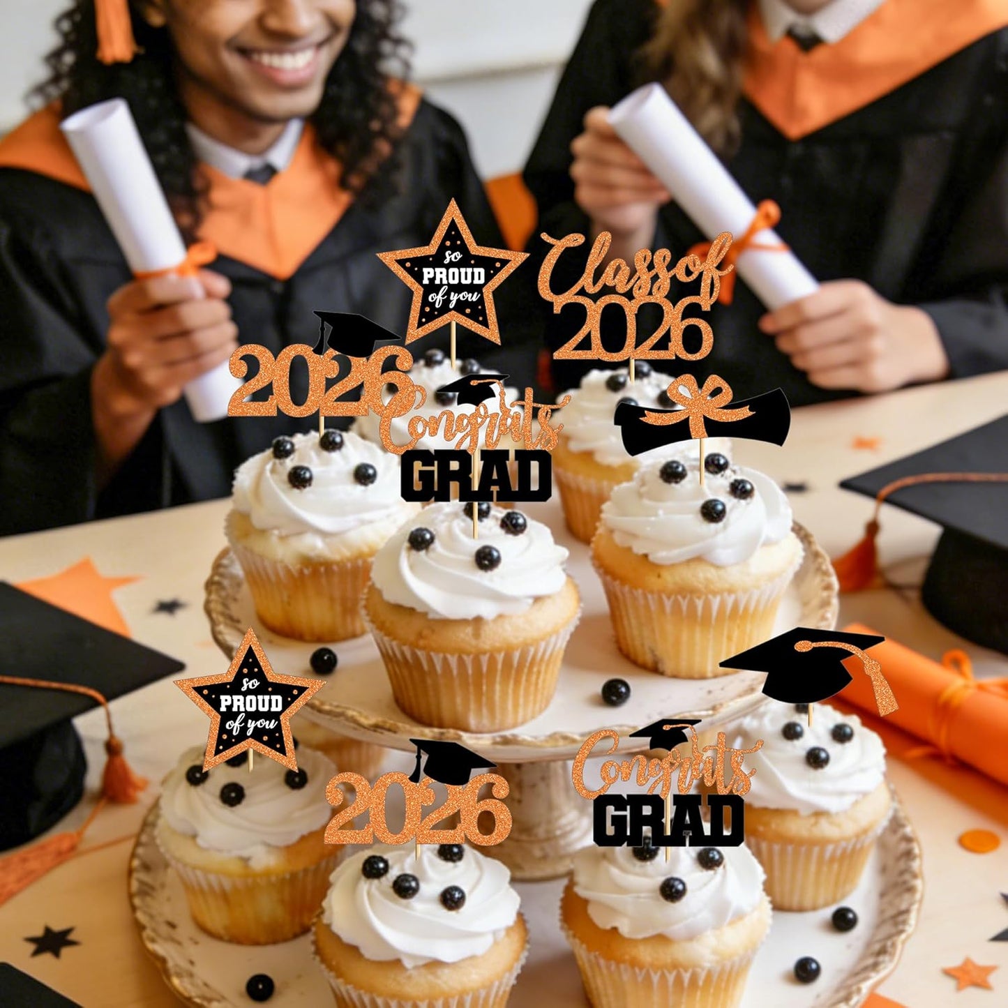 48 PCS Graduation Cupcake Toppers, Glittery 6 Styles Congrats Grad Cake Topper, Black and Red Graduation Decorations 2026, Cap and Diploma Cake Picks for Grad Party Supplies