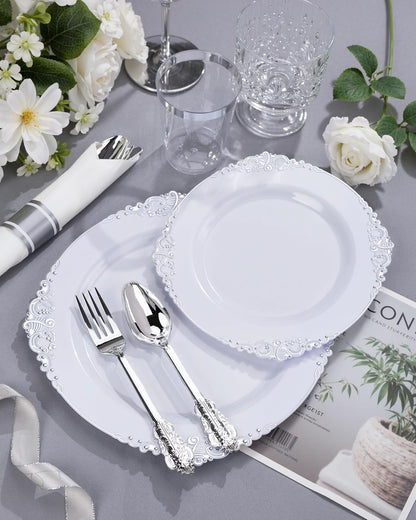 Nervure 350PCS Gold Plastic Plates - Gold Plastic Dinnerware Sets for 50 Guests - 100 Disposable Plates, 150 Silverware, 50 Cups, 50 Napkins for Wedding & Party & Mothers Day