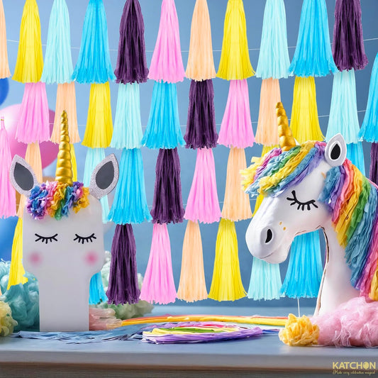 KatchOn, Multicolor Paper Tassel Garland Banner - 6.5 Feet, Pack of 60 | DIY Tissue Paper Garland for Classroom Decor | Unicorn Birthday Decorations for Girls | Tassel Garland for Rainbow Decorations