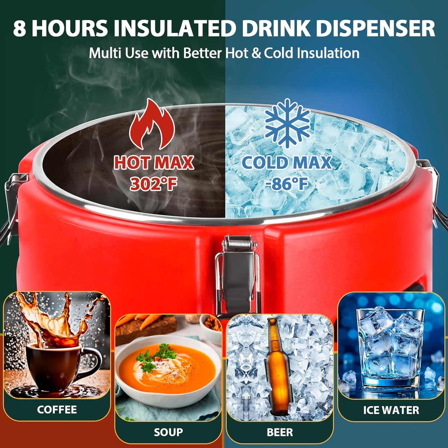 8 Gal Insulated Beverage Dispenser, Commercial Cold & Hot Drink Dispenser with 304 Stainless Steel Interior and Spout, Portable Water Jug for Camping, Party, Commercial Catering