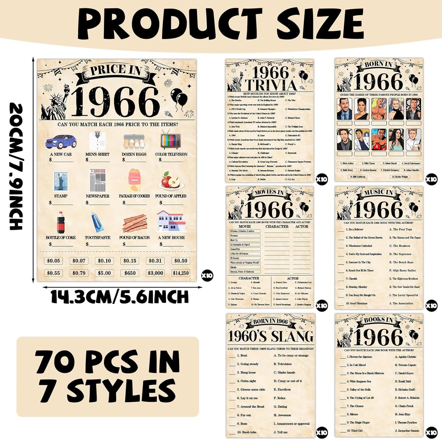 70Pcs 70th Birthday Party Games Born In 1956 Fun 1956 Trivia Music Slang Books Game Double-Sided Game Cards Vintage 70th Birthday Party Supplies for 70 Year Old Activity Anniversary Class Reunion