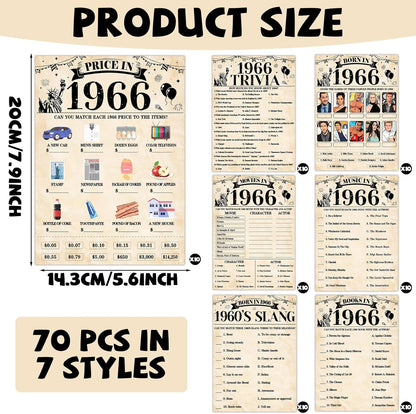 70Pcs 70th Birthday Party Games Born In 1956 Fun 1956 Trivia Music Slang Books Game Double-Sided Game Cards Vintage 70th Birthday Party Supplies for 70 Year Old Activity Anniversary Class Reunion