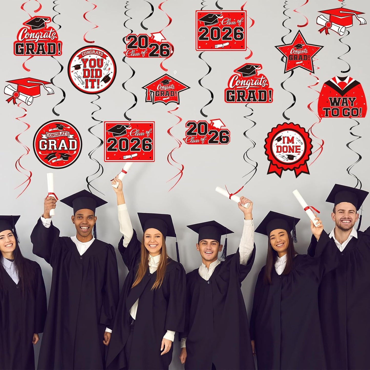 31 Pieces Graduation Decorations Class of 2026, Graduation Hanging Swirl Congrats Grad and Graduation Party Decorations(red, Black)