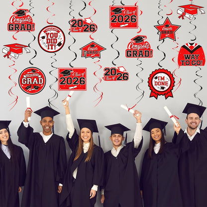 31 Pieces Graduation Decorations Class of 2026, Graduation Hanging Swirl Congrats Grad and Graduation Party Decorations(red, Black)