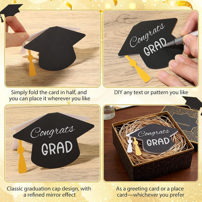 Colarr 2026 Graduate Place Cards with 2 Silver Marker Pen 50 Pcs Black Grad Caps Buffet Food Labels Congrats Grad Folded Tent Name Cards for Graduation Party Table Setting Decorations Supplies