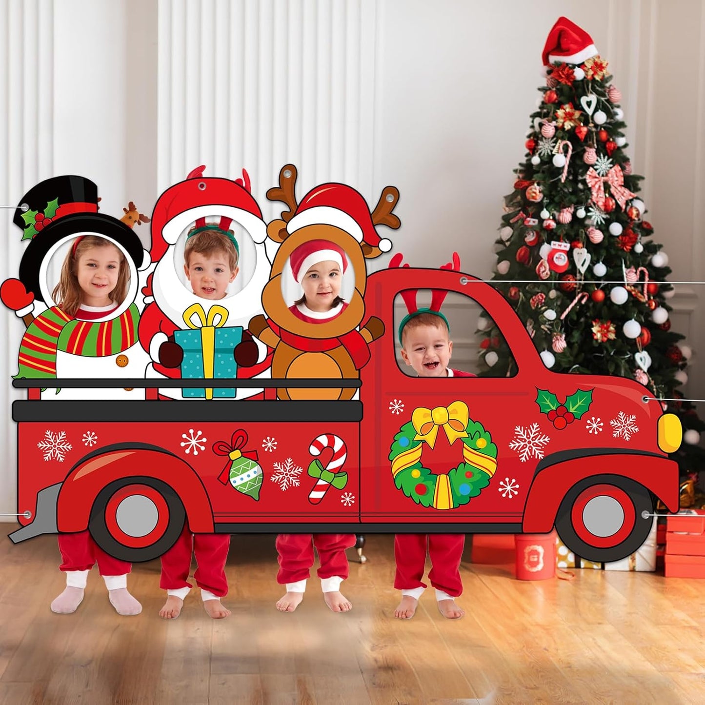 Large 75 Inch Christmas Red Truck Photo Prop Selfie Frame Christmas Party Decorations Large Fabric Red Truck Backdrop Reindeer Santa Claus Snowman Photo Booth Frame for Winter Xmas Holiday Party Decor