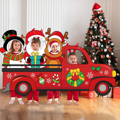 Large 75 Inch Christmas Red Truck Photo Prop Selfie Frame Christmas Party Decorations Large Fabric Red Truck Backdrop Reindeer Santa Claus Snowman Photo Booth Frame for Winter Xmas Holiday Party Decor