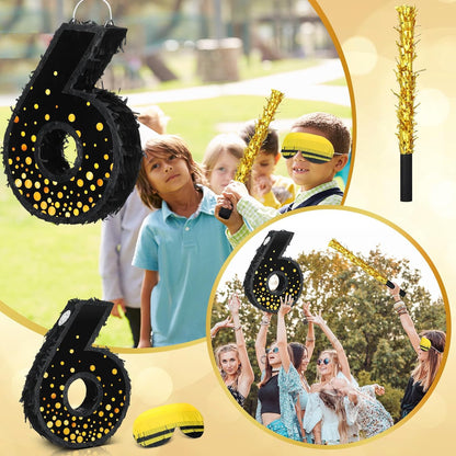 Poen Pinata for Birthday Party Decorations Black Gold Pinata with Blindfold Stick Confetti and Eye Mask for Party Supply Anniversary Baby Shower Retirement Supplies(Number 5)