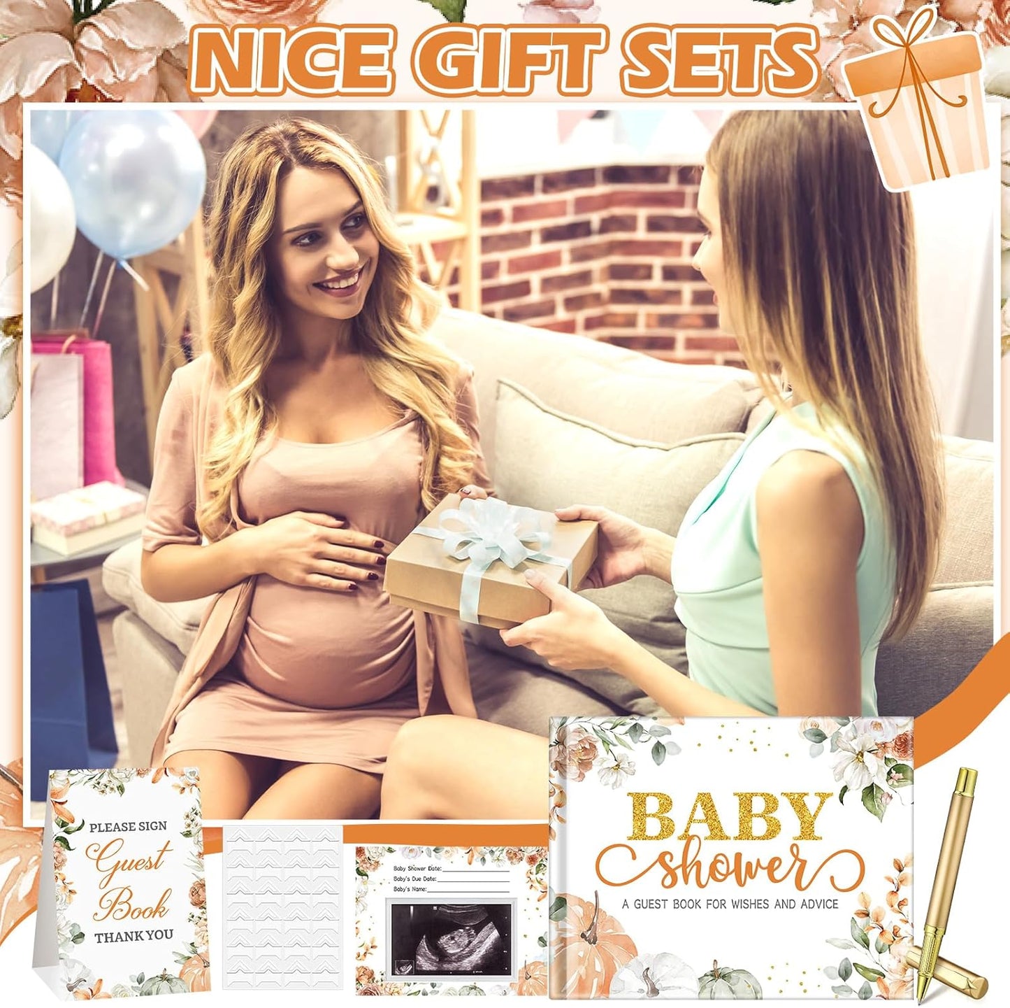 Fuyoooo 27 Pcs Safari Animal Baby Shower Guest Book Set Baby Shower Sign in Guest Floral Book Place Table Cards with Gold Pen Adhesive Photo Corner for Birthday Party