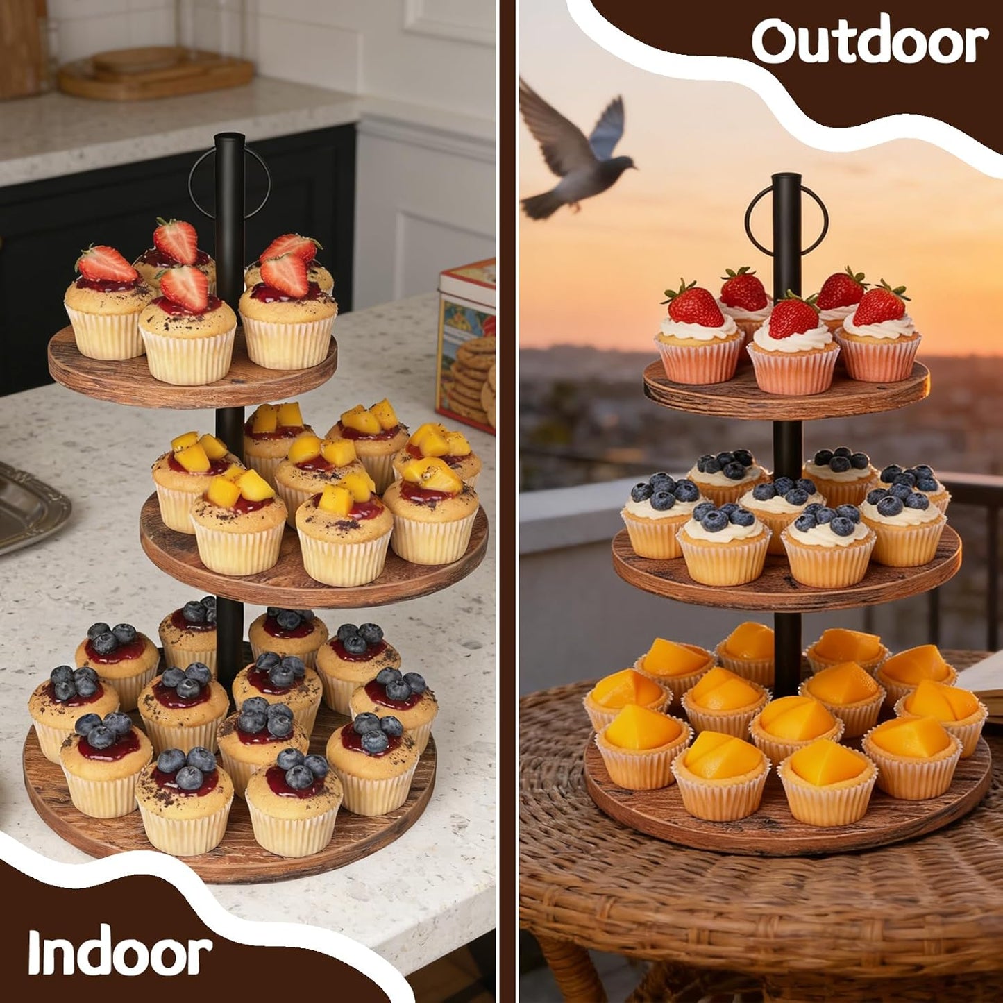 Cupcake Stand, 2 Pack Rustic Wood Cake Stand, 3 Tier Cupcake Tower Round Tiered Tray Stand for Dessert Table Display, Industrial Wooden Serving Stand Wedding, Graduation and Baby Shower