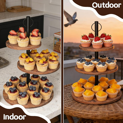 Cupcake Stand, 2 Pack Rustic Wood Cake Stand, 3 Tier Cupcake Tower Round Tiered Tray Stand for Dessert Table Display, Industrial Wooden Serving Stand Wedding, Graduation and Baby Shower