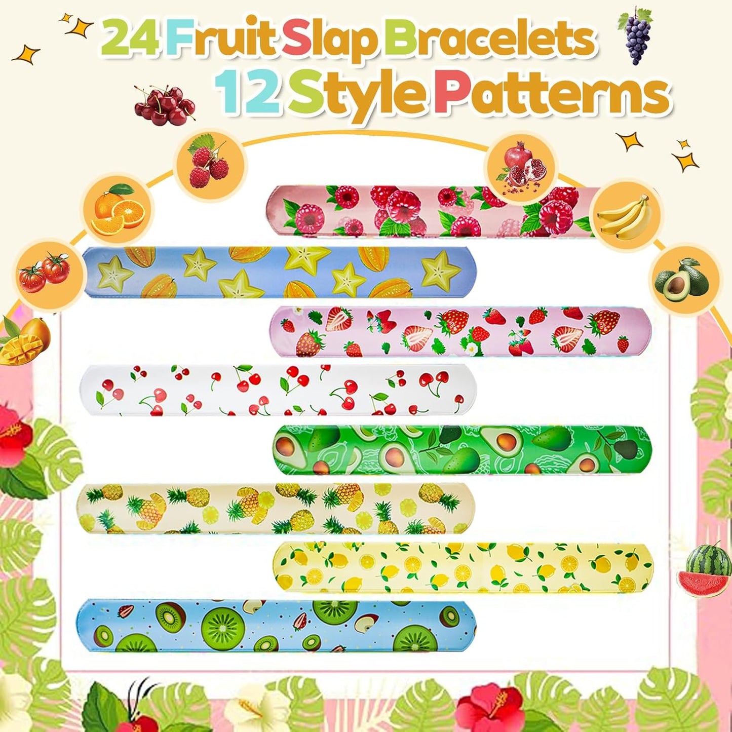 CZWXOXO 74PCS Fruit Slap Bracelets&Stickers Summer Fruit Theme 24PCS Slap Bracelets 50PCS Stickers Party Favors Basket Bag Filler School Prizes Gifts Party Favors Bulk