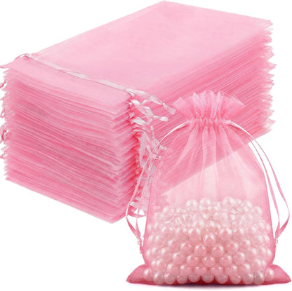 FUNFERY 100 Pcs White Organza Bags 3x4 in, Small Mesh Drawstring Gift Bags for Sachet, Jewelry, Wedding Favor, Candy Goodie Treat Bag,Easter Day