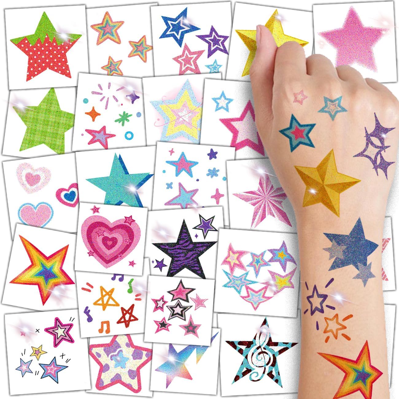 CHARLENT Glitter Stars Temporary Tattoos for Kids - 74 Individually Sheets | Waterproof & Easy Peel | Perfect for Kids Birthday Party Favors, School Rewards