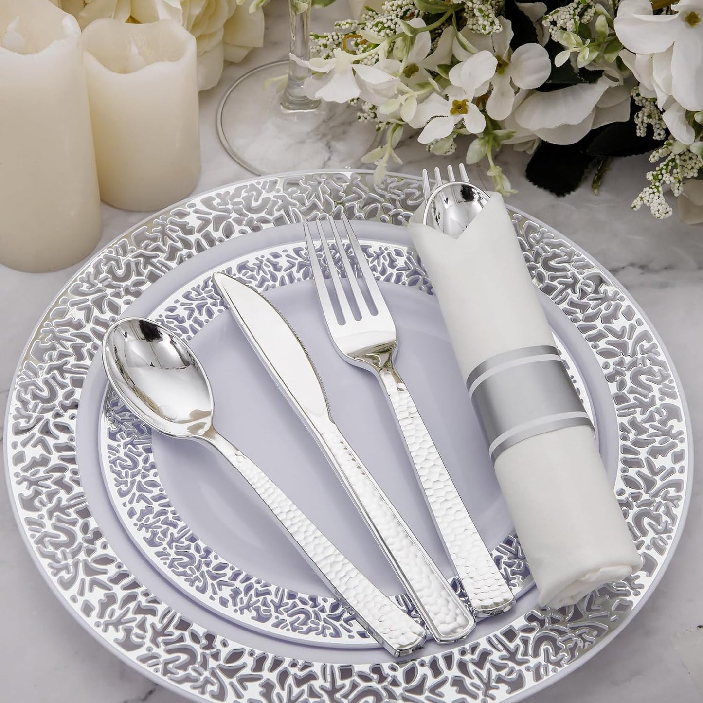 Supernal 180Pcs Silver Plastic Silverware Set, Elegant Hammered Design Heavy Duty Disposable Cutlery, Includes 60 Forks, 60 Knives, 60 Spoons,Silver Plastic Utensils for Wedding, Parties,Events