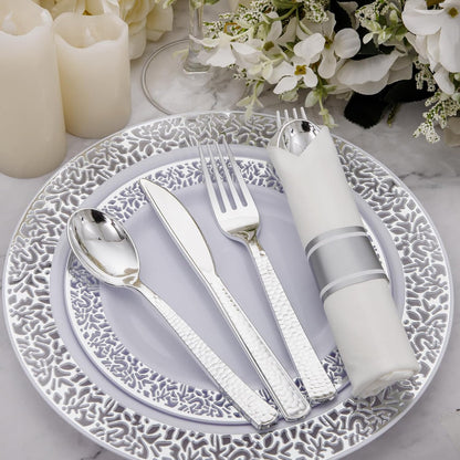 Supernal 180Pcs Silver Plastic Silverware Set, Elegant Hammered Design Heavy Duty Disposable Cutlery, Includes 60 Forks, 60 Knives, 60 Spoons,Silver Plastic Utensils for Wedding, Parties,Events